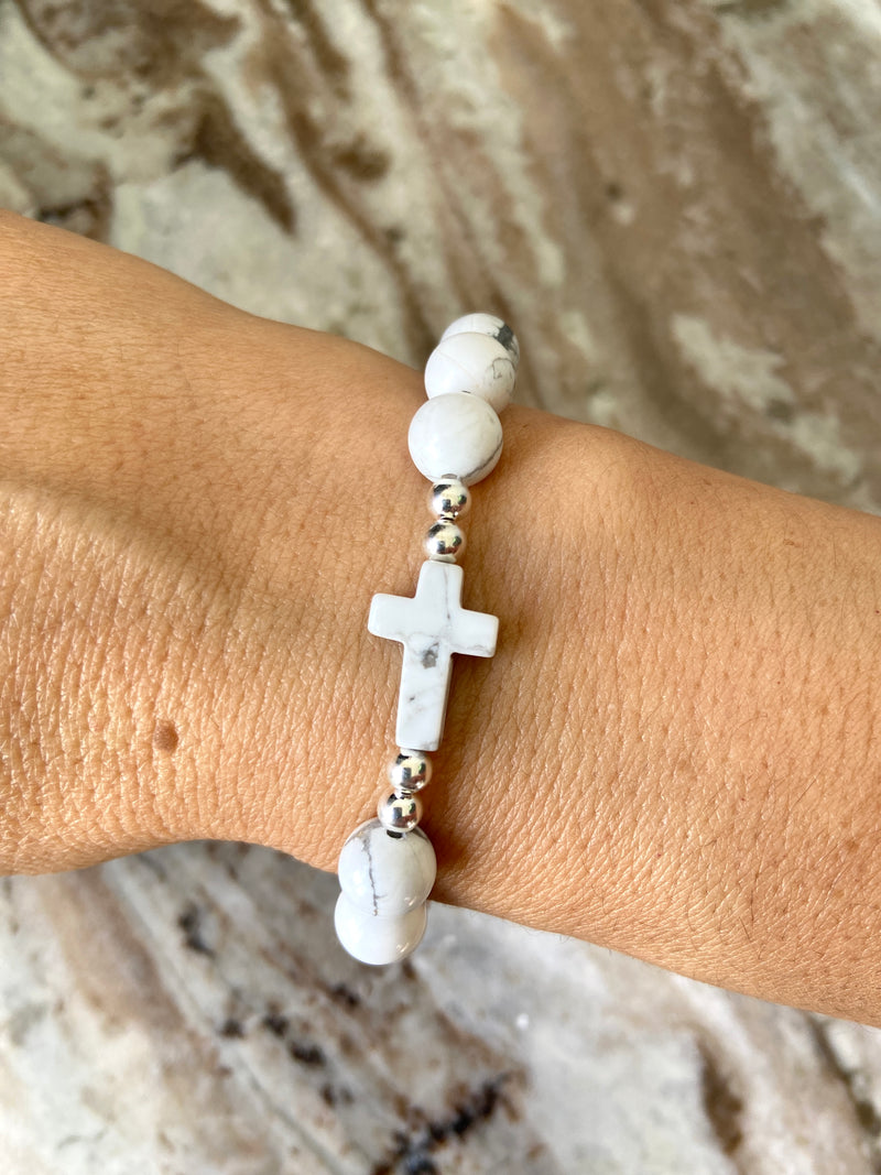 Howlite Holy Cross Silver Bracelet
