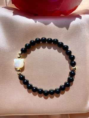 Black Onyx & Mother of Pearl Cat Bracelet