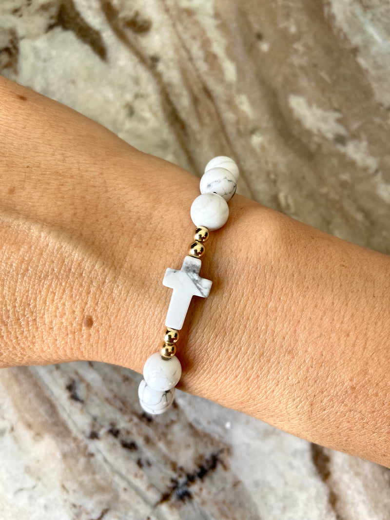 Howlite Holy Cross Gold Bracelet