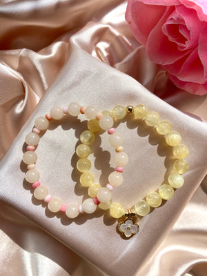 Honey Calcite and Mother of Pearl four leaf clover Bracelet