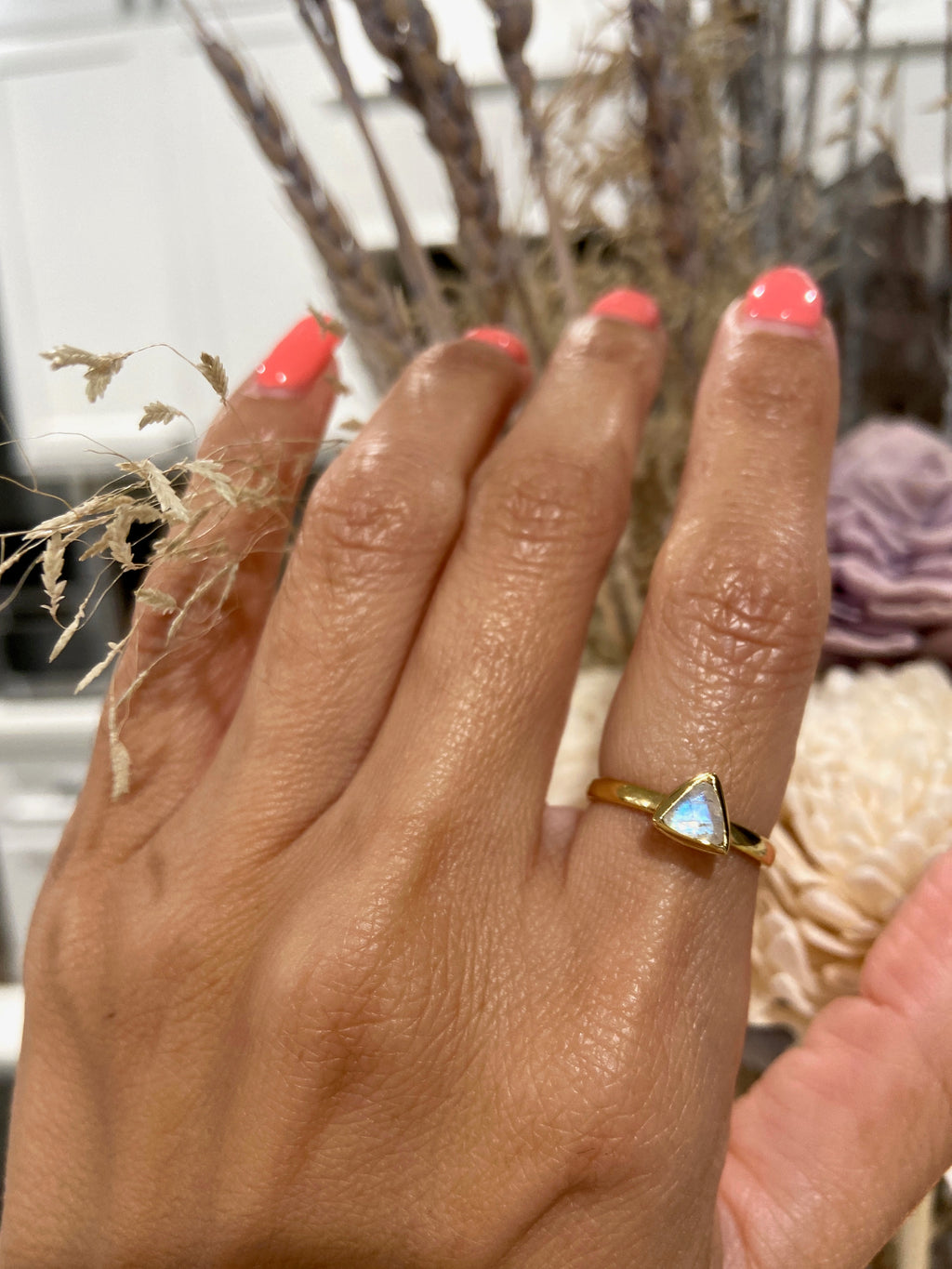 Rainbow Moonstone Triangle Gold Ring