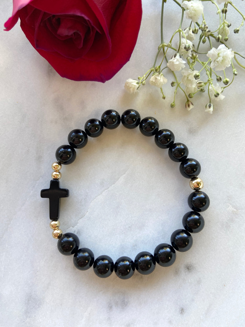 Black Tourmaline & Black Onyx Cross Bracelet