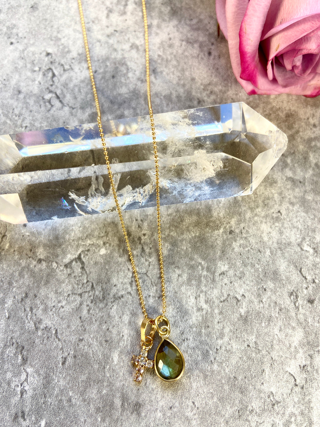Mini Labradorite & Cross Necklace