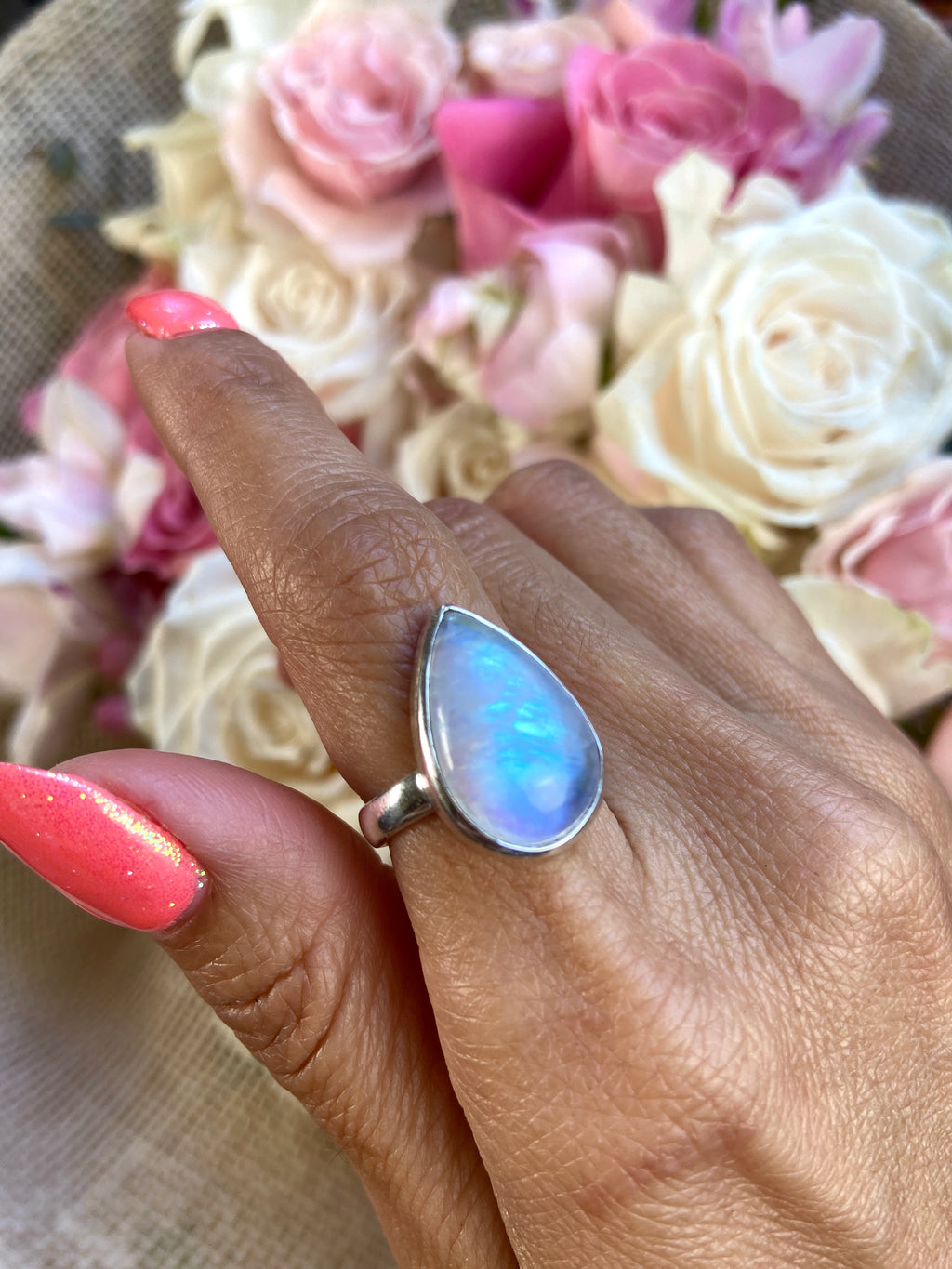 Rainbow Moonstone Tear Drop Ring