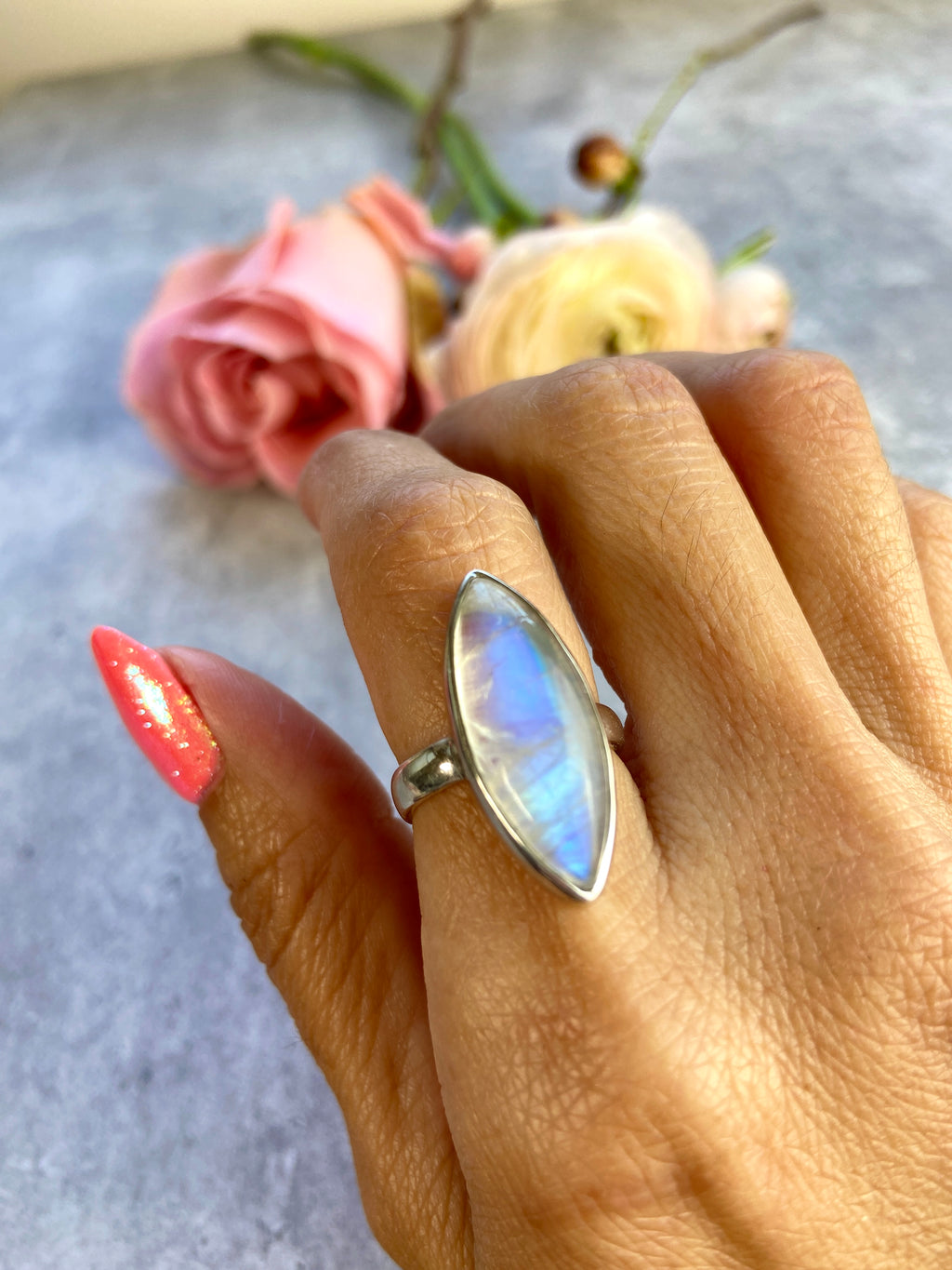 Rainbow Moonstone Oval Ring